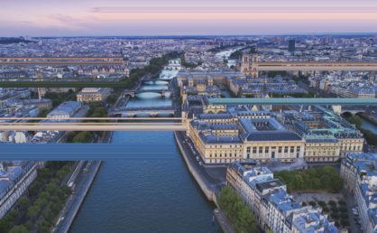 Seine river Paris sunset aerial