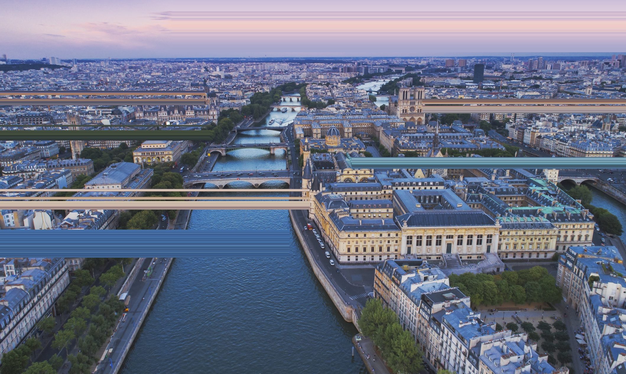 Seine river Paris sunset aerial